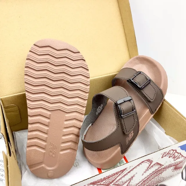 Brown and Tan Two-Strap Buckle Sandals 16