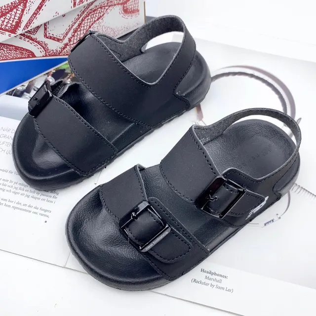 Brown and Tan Two-Strap Buckle Sandals 19