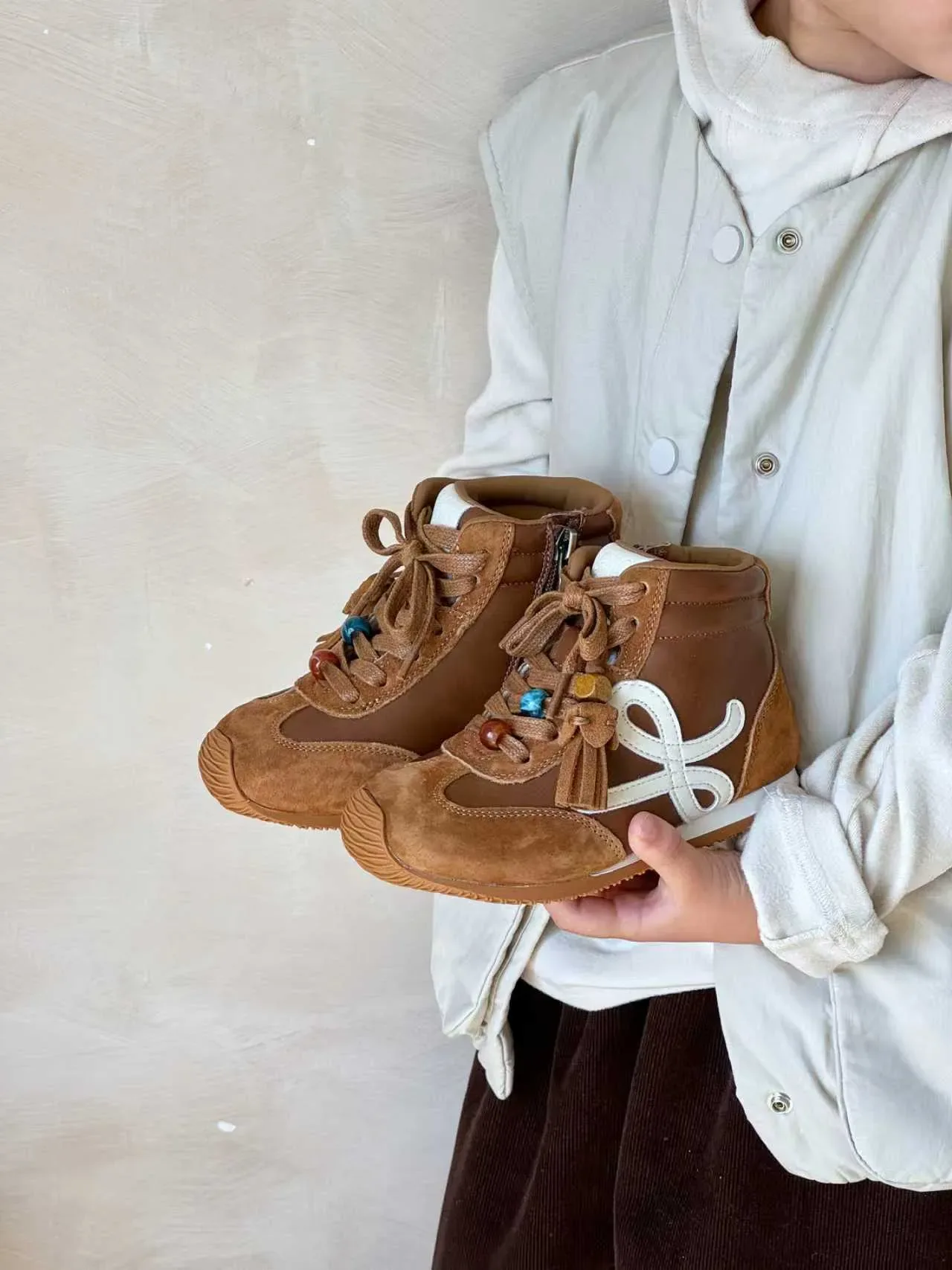 Brown Beige High-Top Mixed-Material Sneakers 5