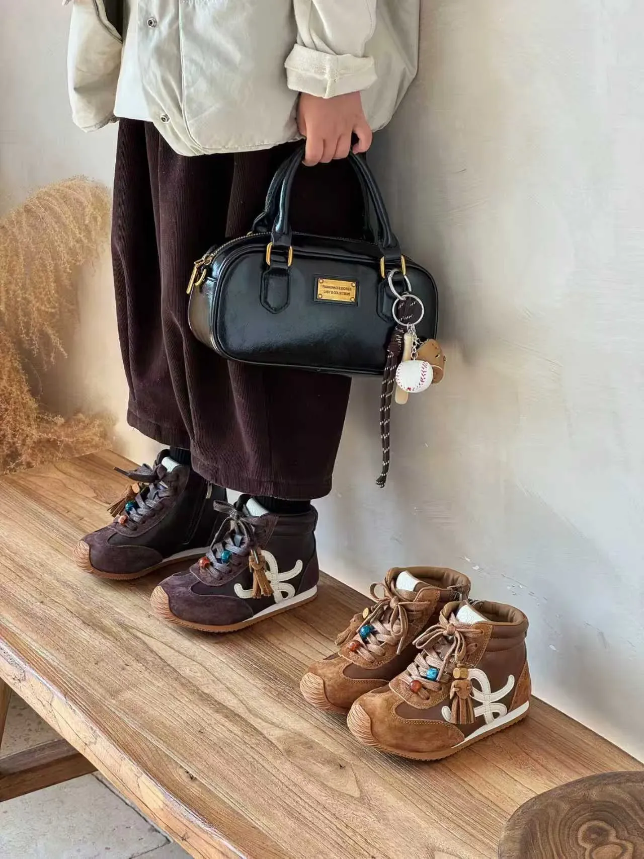 Brown Beige High-Top Mixed-Material Sneakers 8
