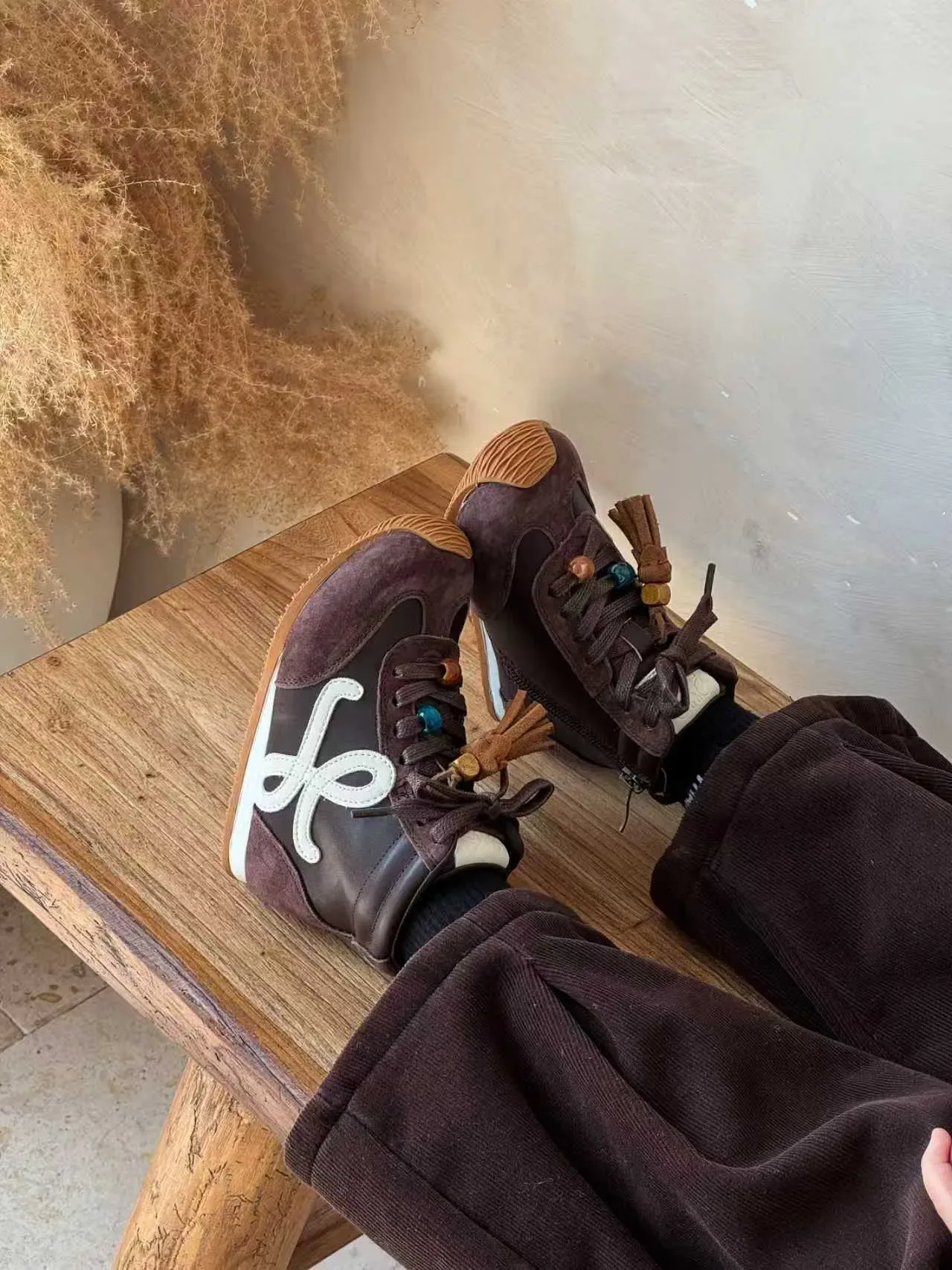 Brown Beige High-Top Mixed-Material Sneakers 10