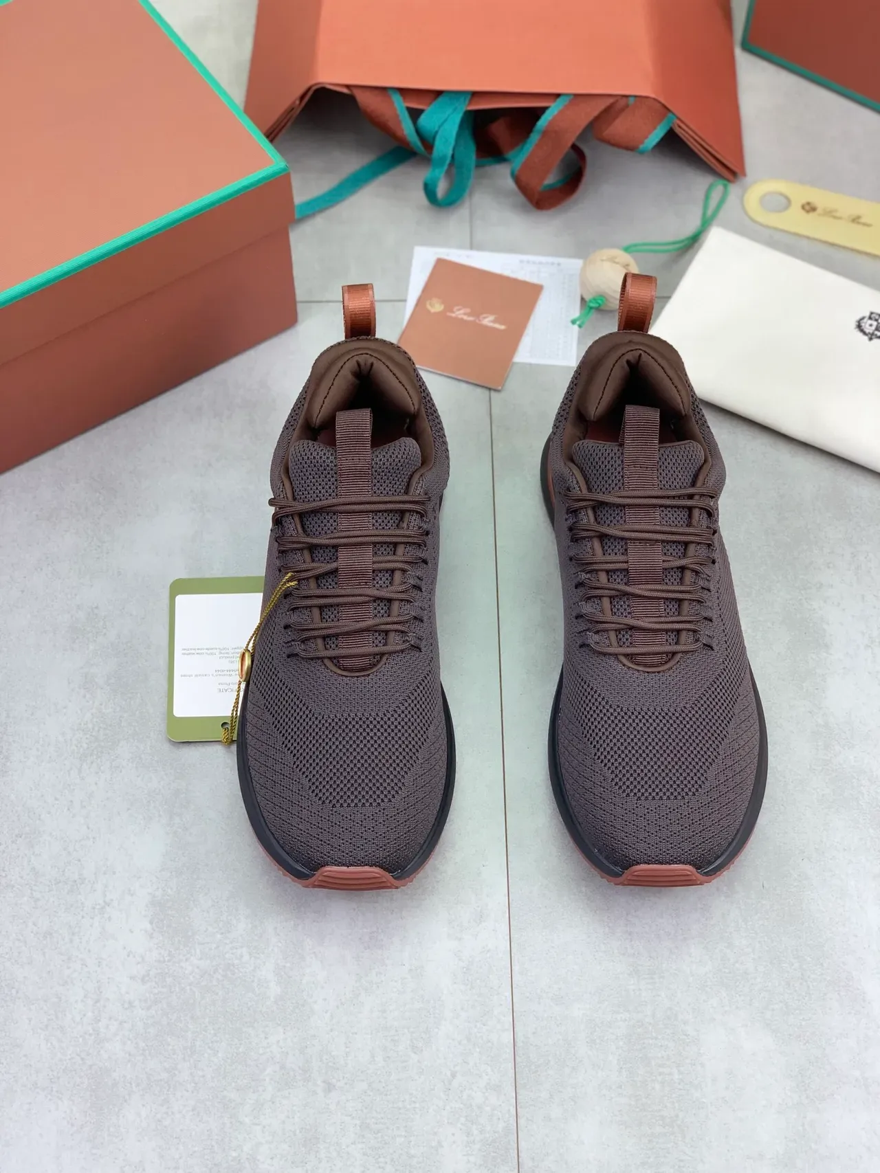 Brown Beige Knit Mesh Upper Contrast Tan Outsole Sneakers 4