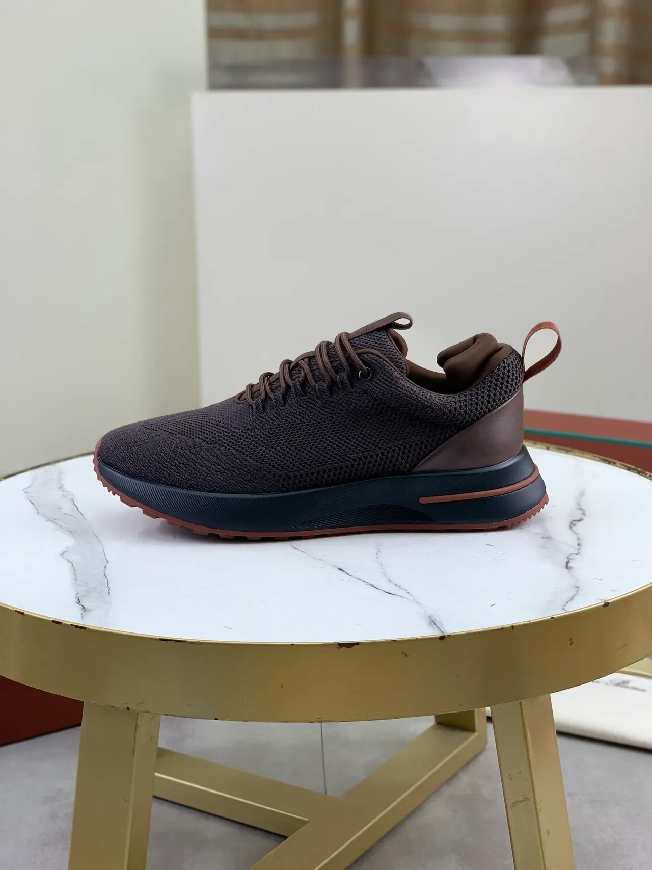 Brown Beige Knit Mesh Upper Contrast Tan Outsole Sneakers 5