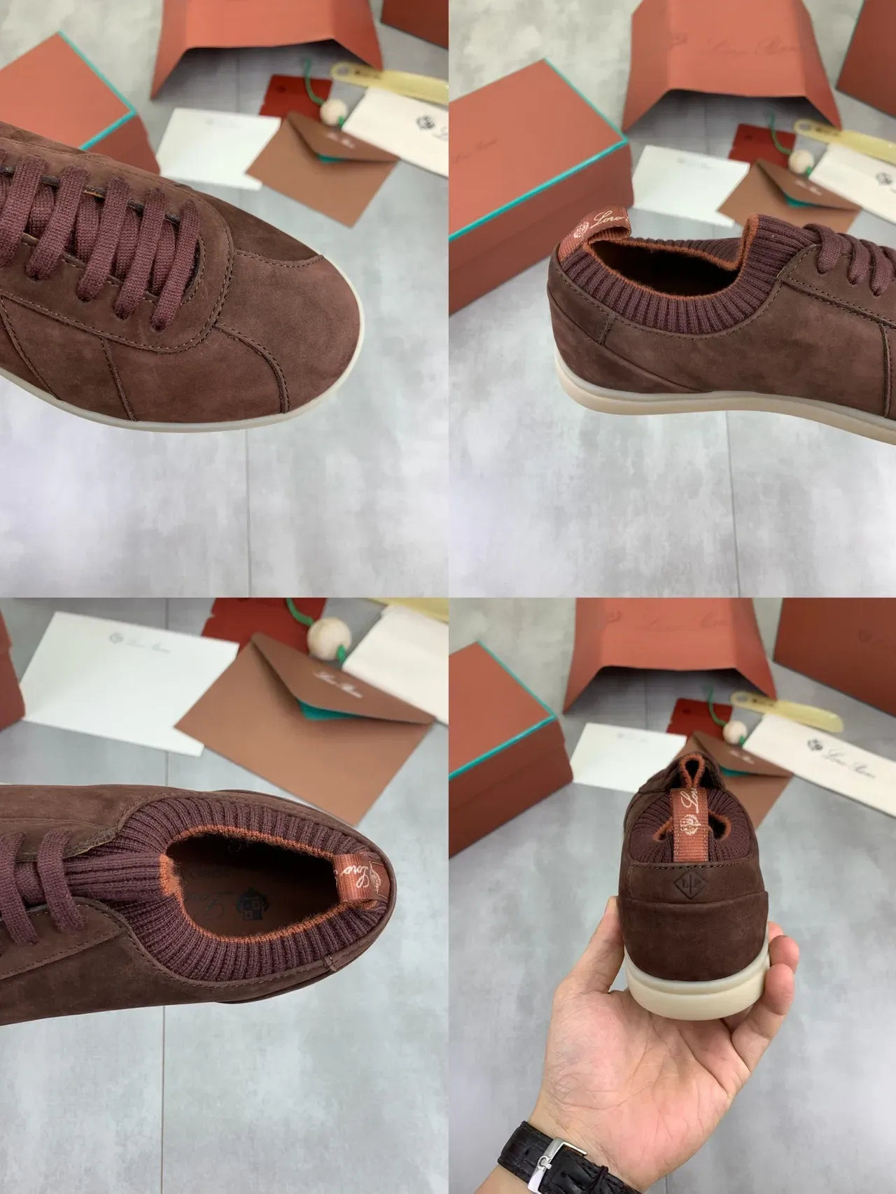 Brown Beige Suede Upper Knit Ribbed Collar Sneakers 2