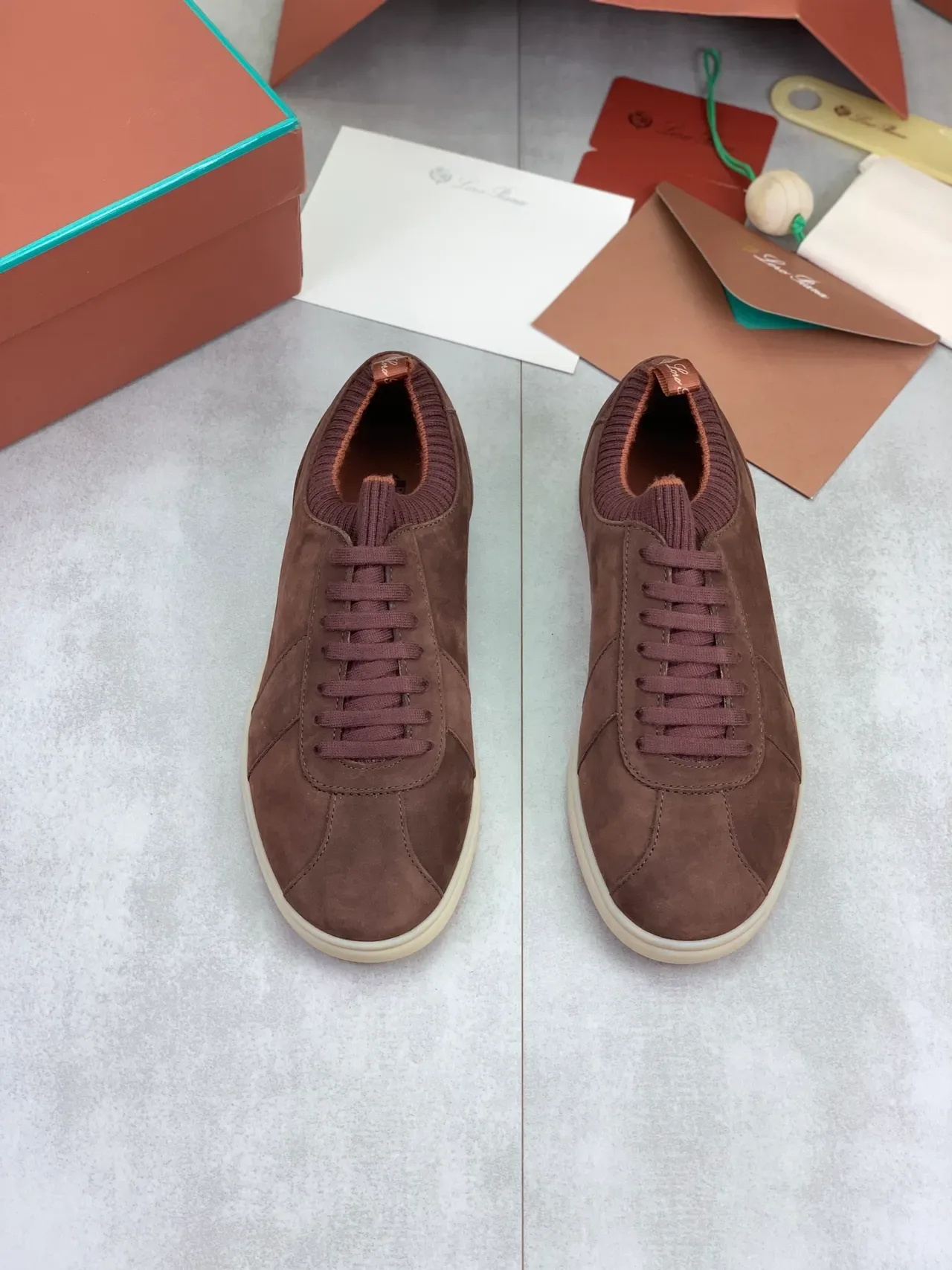 Brown Beige Suede Upper Knit Ribbed Collar Sneakers 4