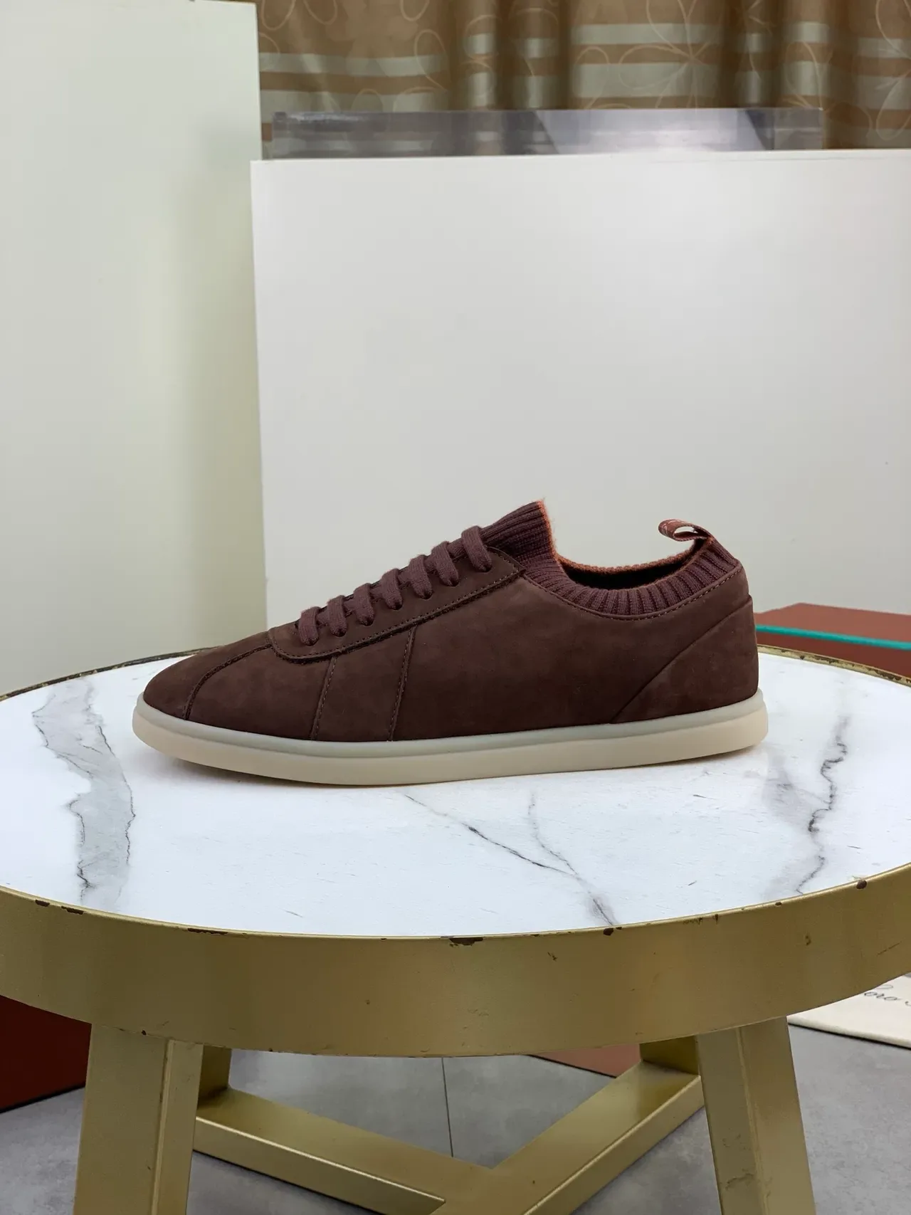 Brown Beige Suede Upper Knit Ribbed Collar Sneakers 5