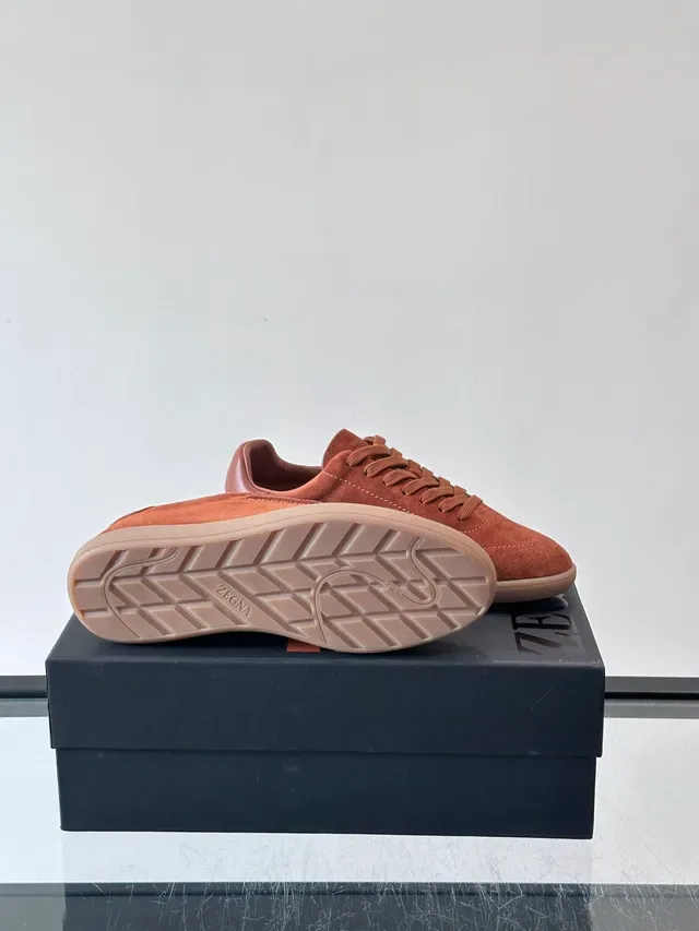 Brown Beige Suede Upper Leather Heel Tab Sneakers 2