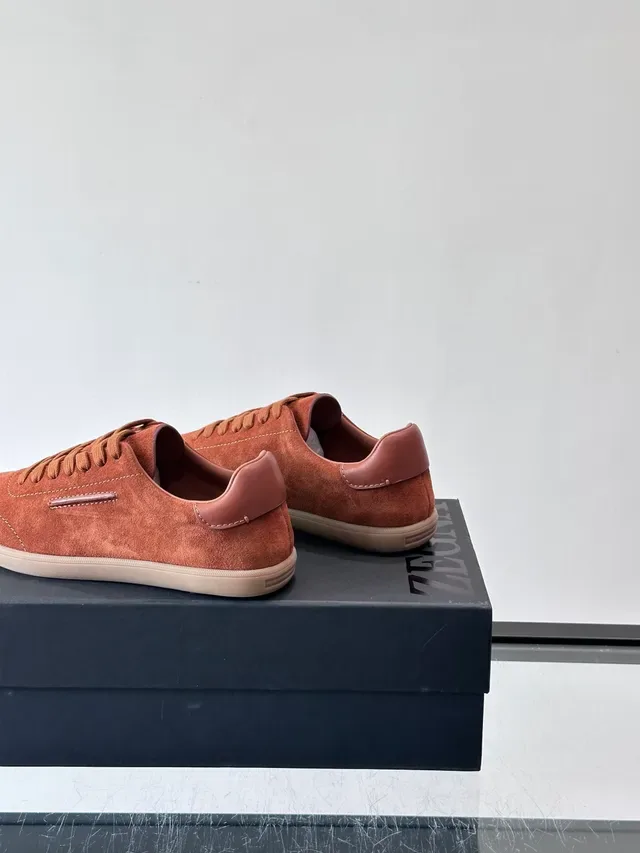 Brown Beige Suede Upper Leather Heel Tab Sneakers 3