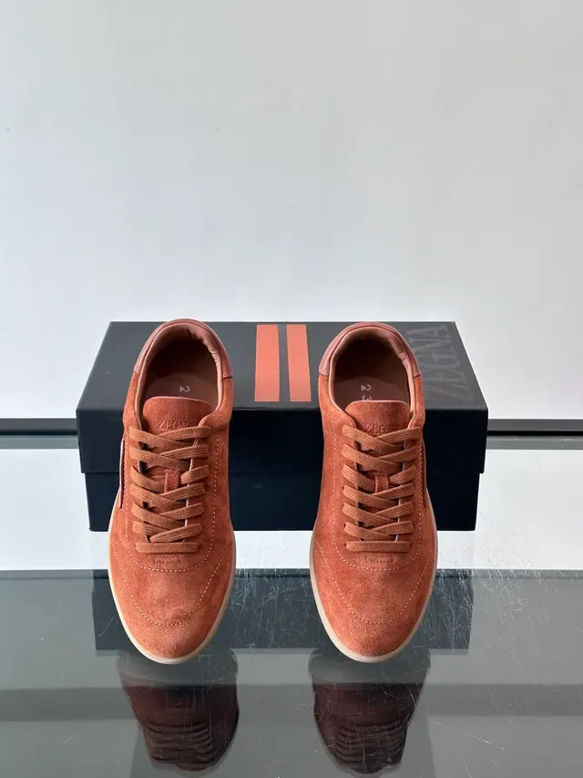 Brown Beige Suede Upper Leather Heel Tab Sneakers 4