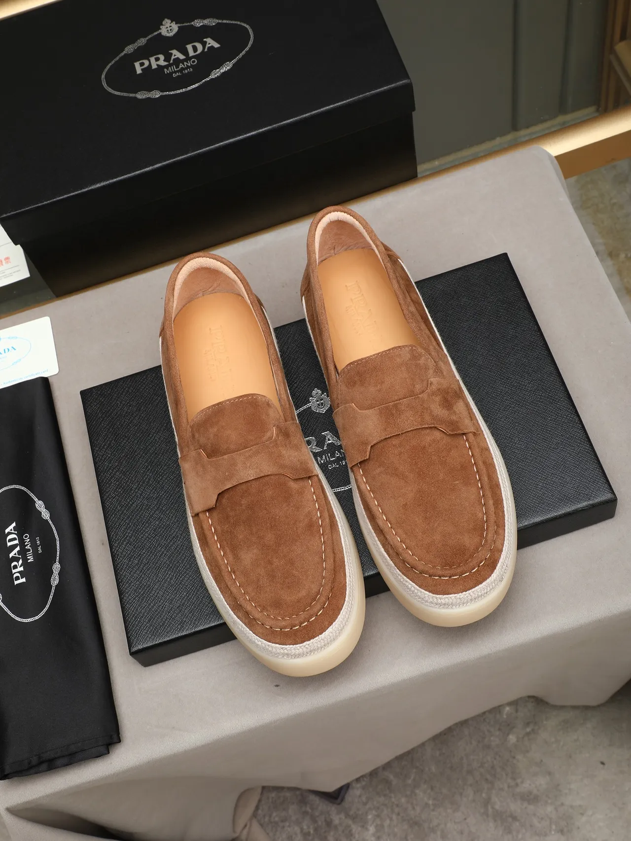 Brown Beige Suede Upper Woven Midsole Band Loafer 2