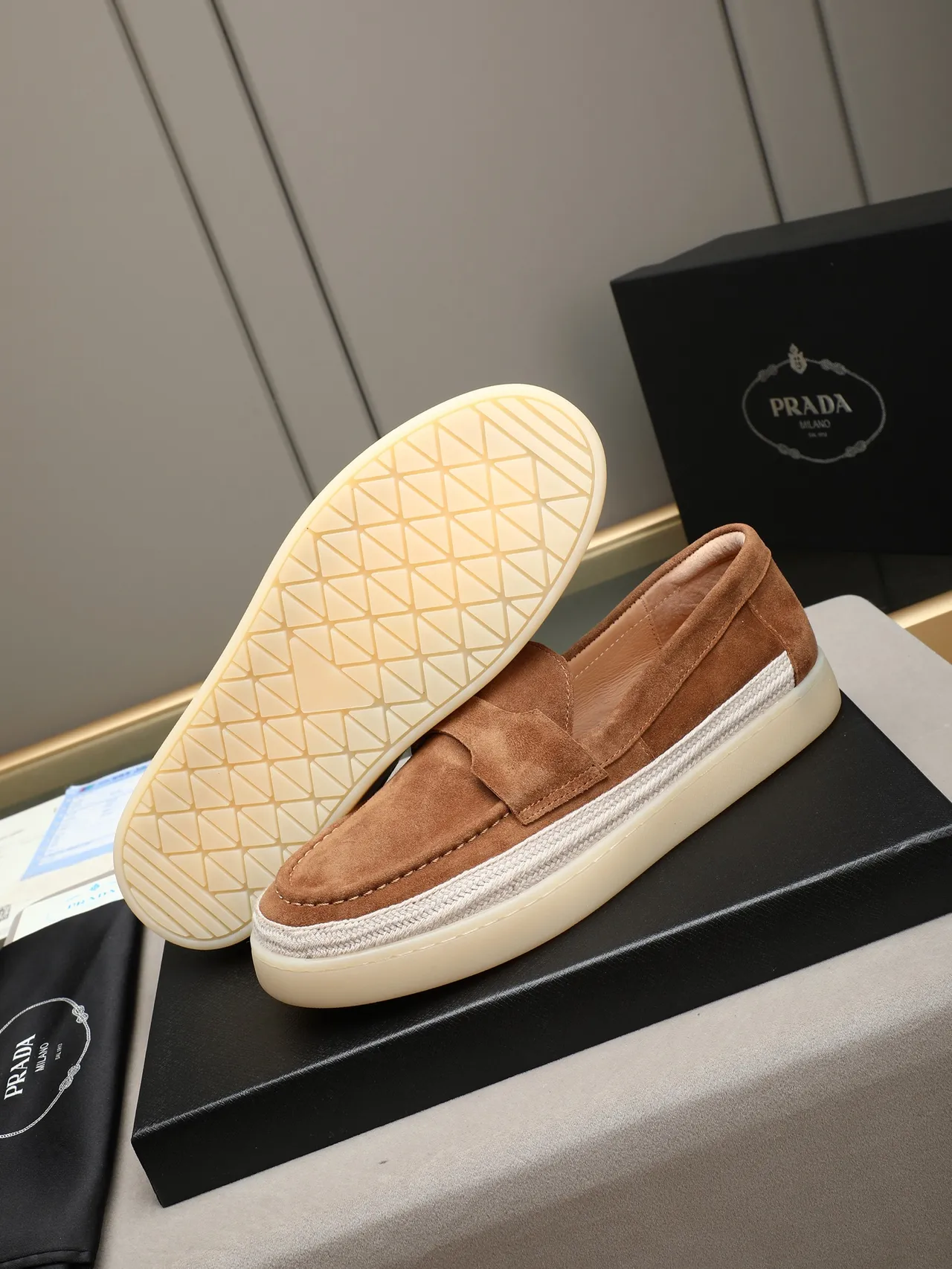 Brown Beige Suede Upper Woven Midsole Band Loafer 4