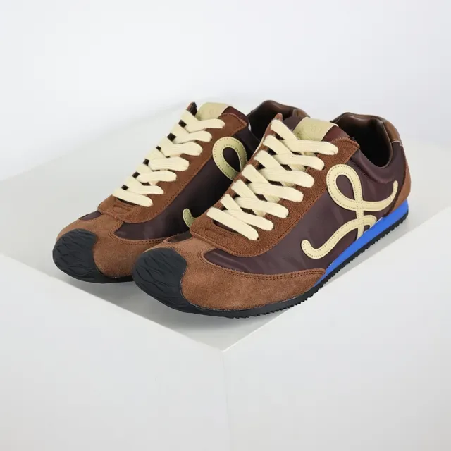 Brown Blue Mixed-Material Upper Contrasting Side Logo Sneakers 2