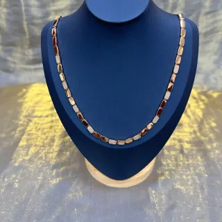 Brown Gold Rectangular Link Chain Alternating Stone And Pavé Segments Necklace