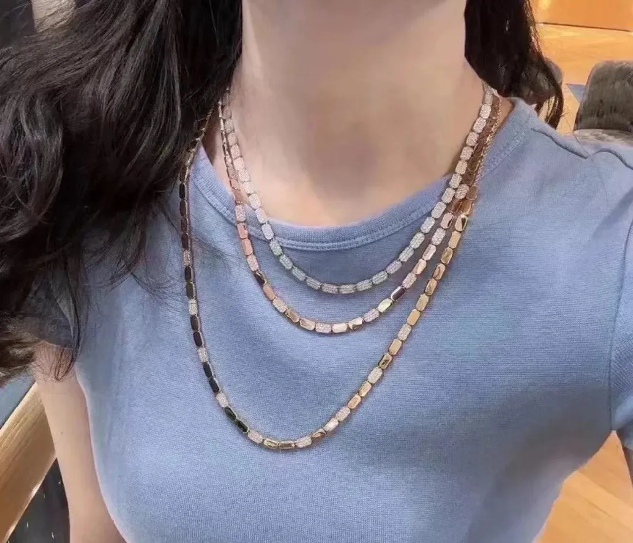 Brown Gold Rectangular Link Chain Alternating Stone And Pavé Segments Necklace 2
