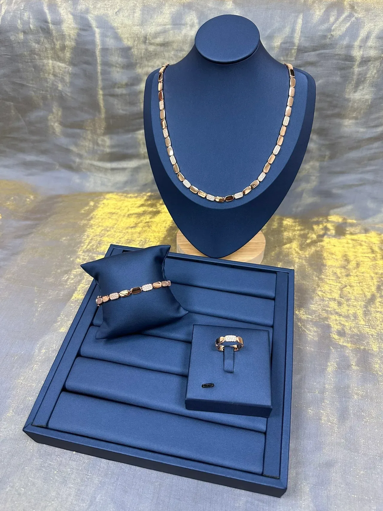 Brown Gold Rectangular Link Chain Alternating Stone And Pavé Segments Necklace 6