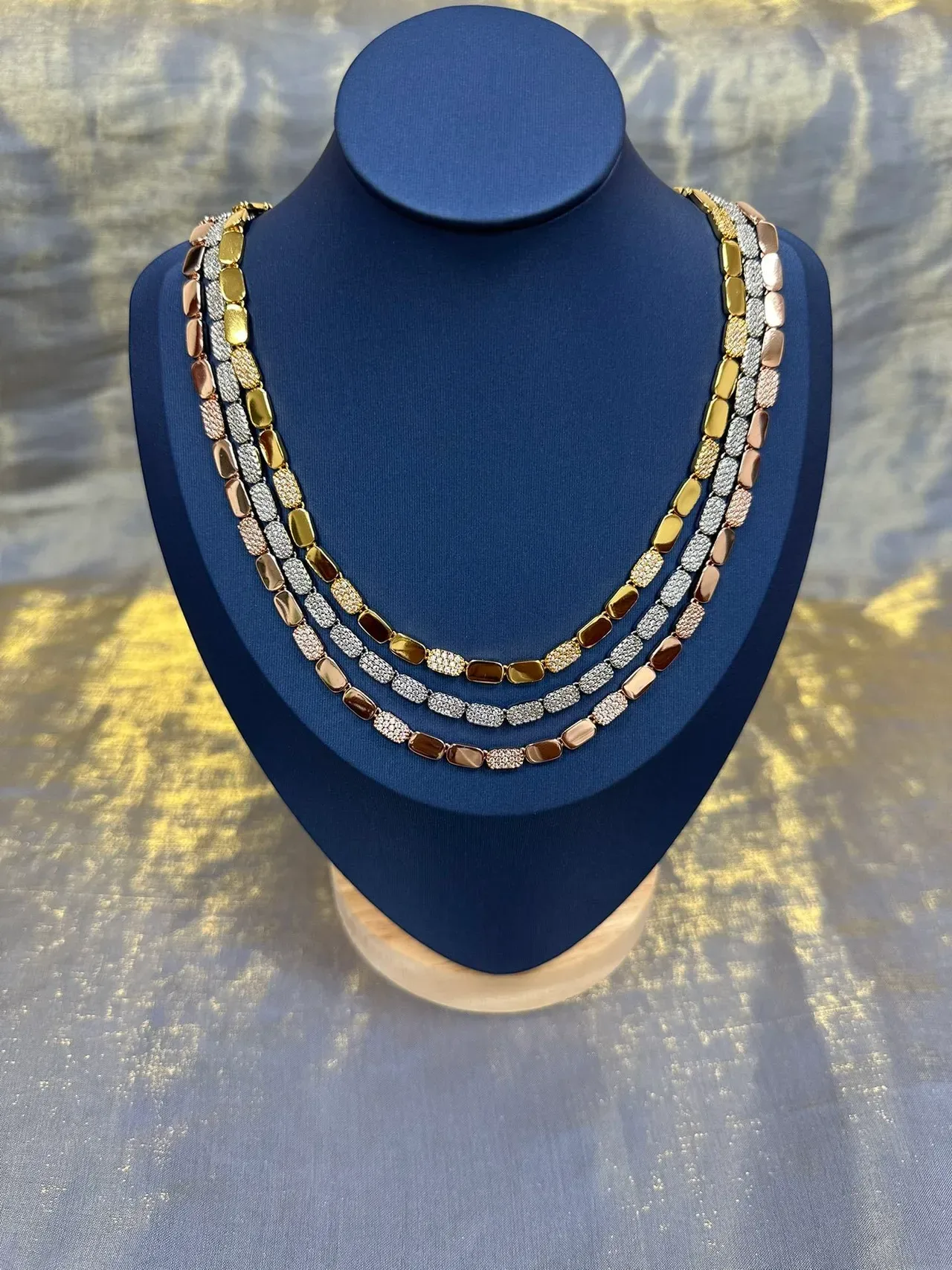 Brown Gold Rectangular Link Chain Alternating Stone And Pavé Segments Necklace 8