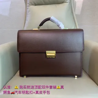 Brown Gold Structured Textured Leather Rectangular Clasp Tote Bag