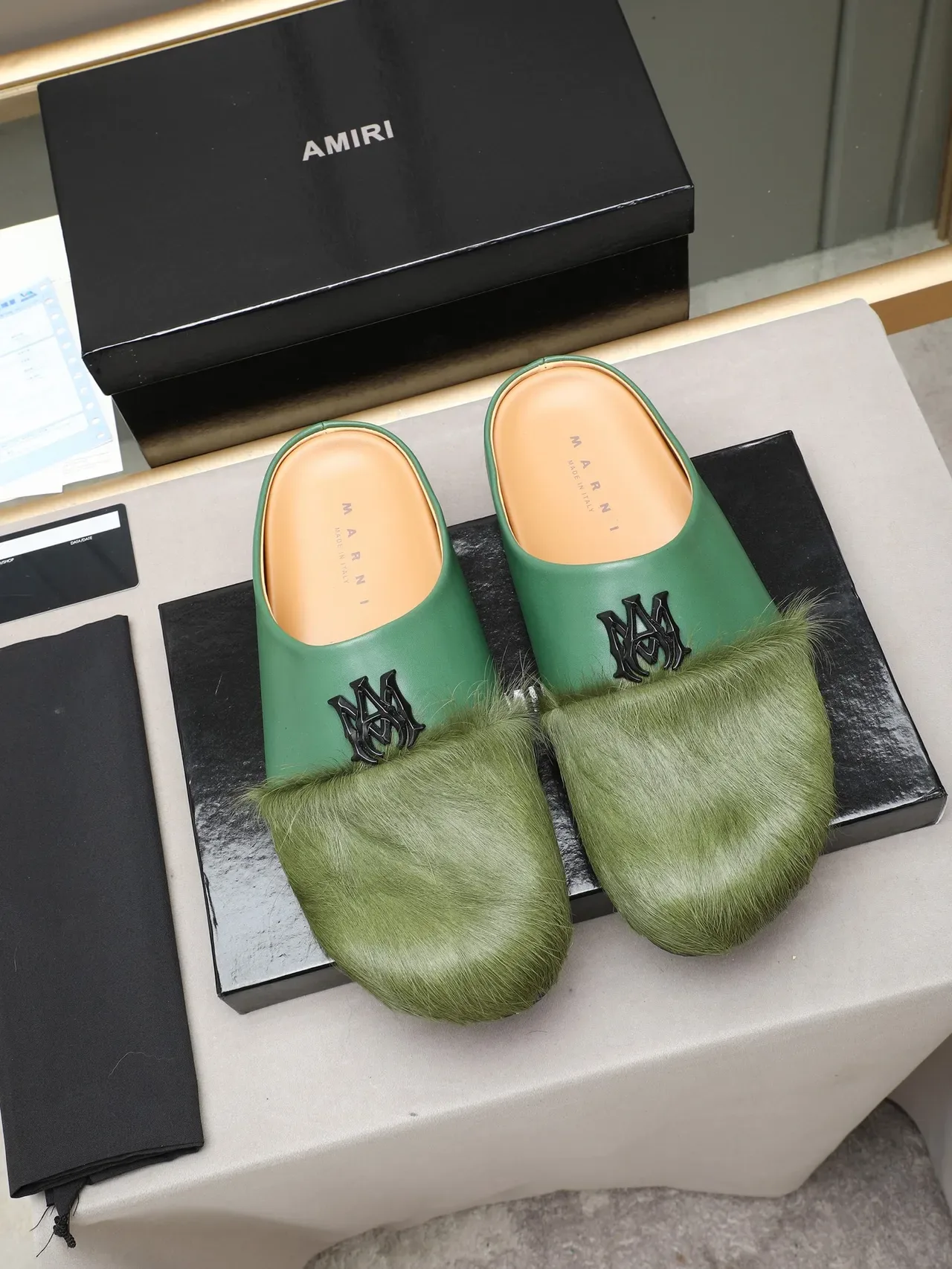 Brown Green Fur-Trimmed Leather Upper Loafer 3