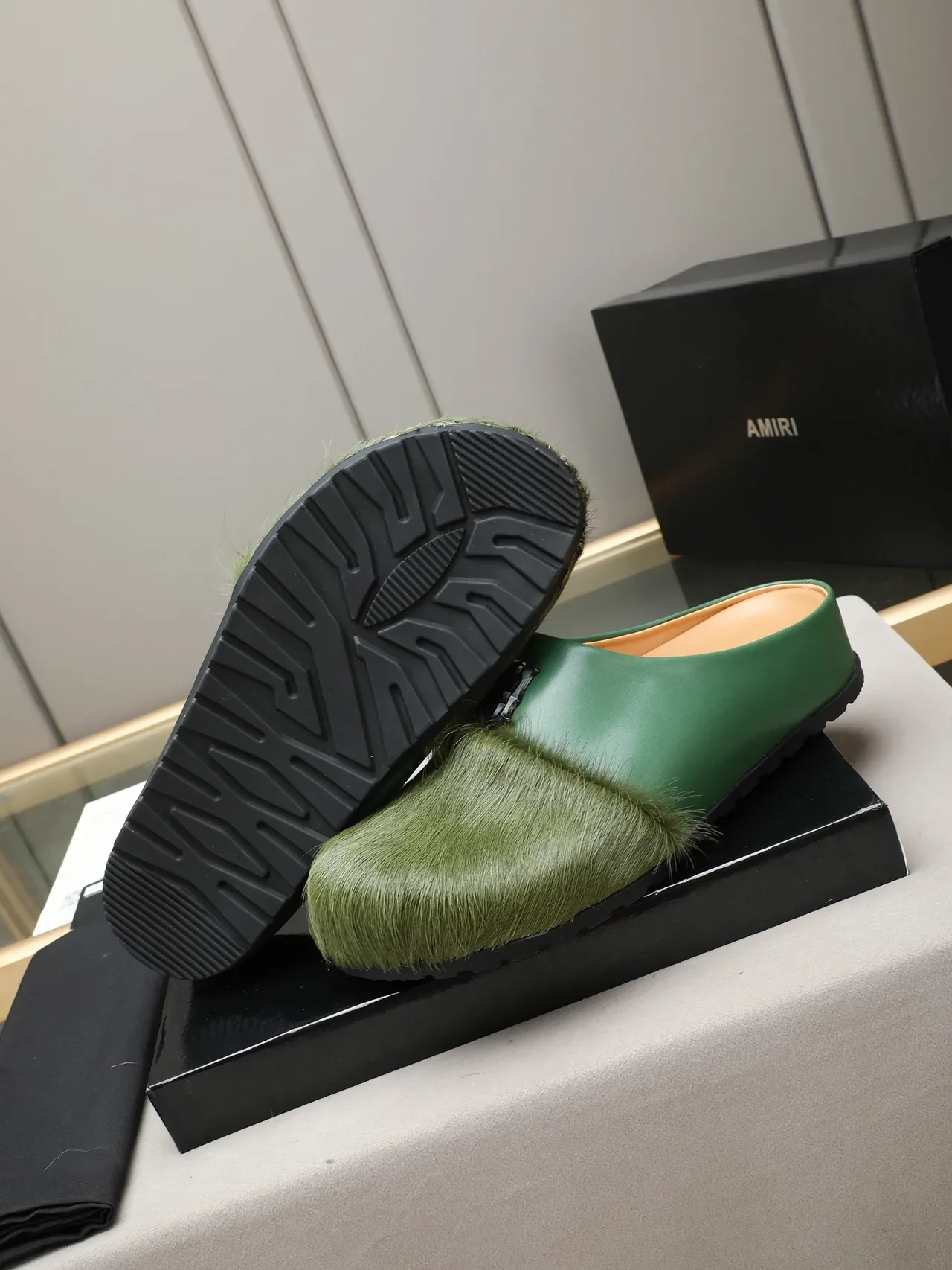 Brown Green Fur-Trimmed Leather Upper Loafer 6