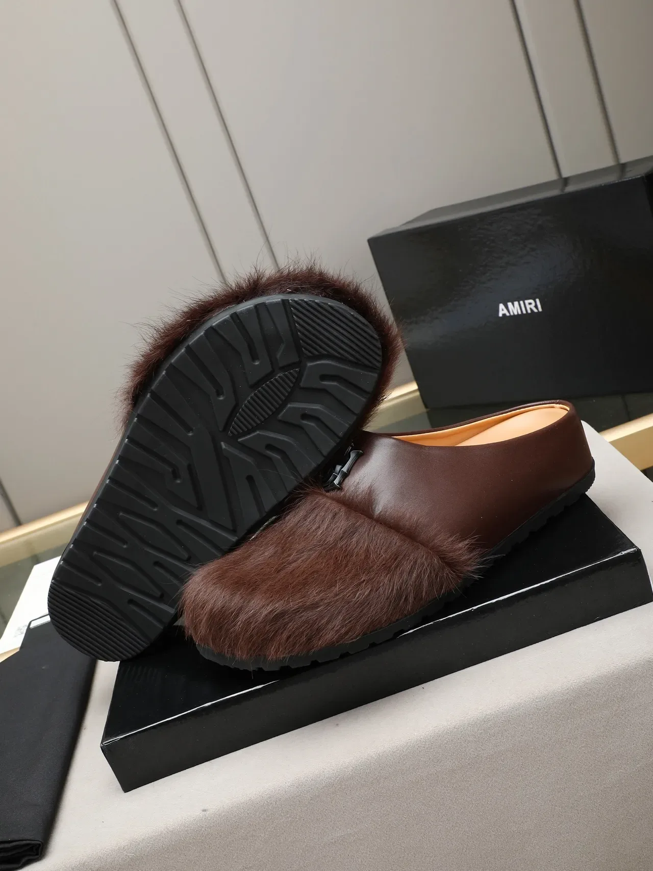 Brown Green Fur-Trimmed Leather Upper Loafer 8