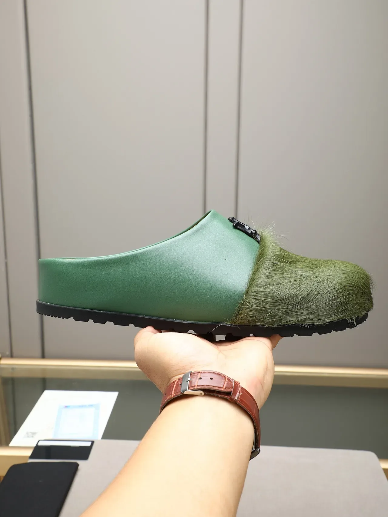 Brown Green Fur-Trimmed Leather Upper Loafer 9