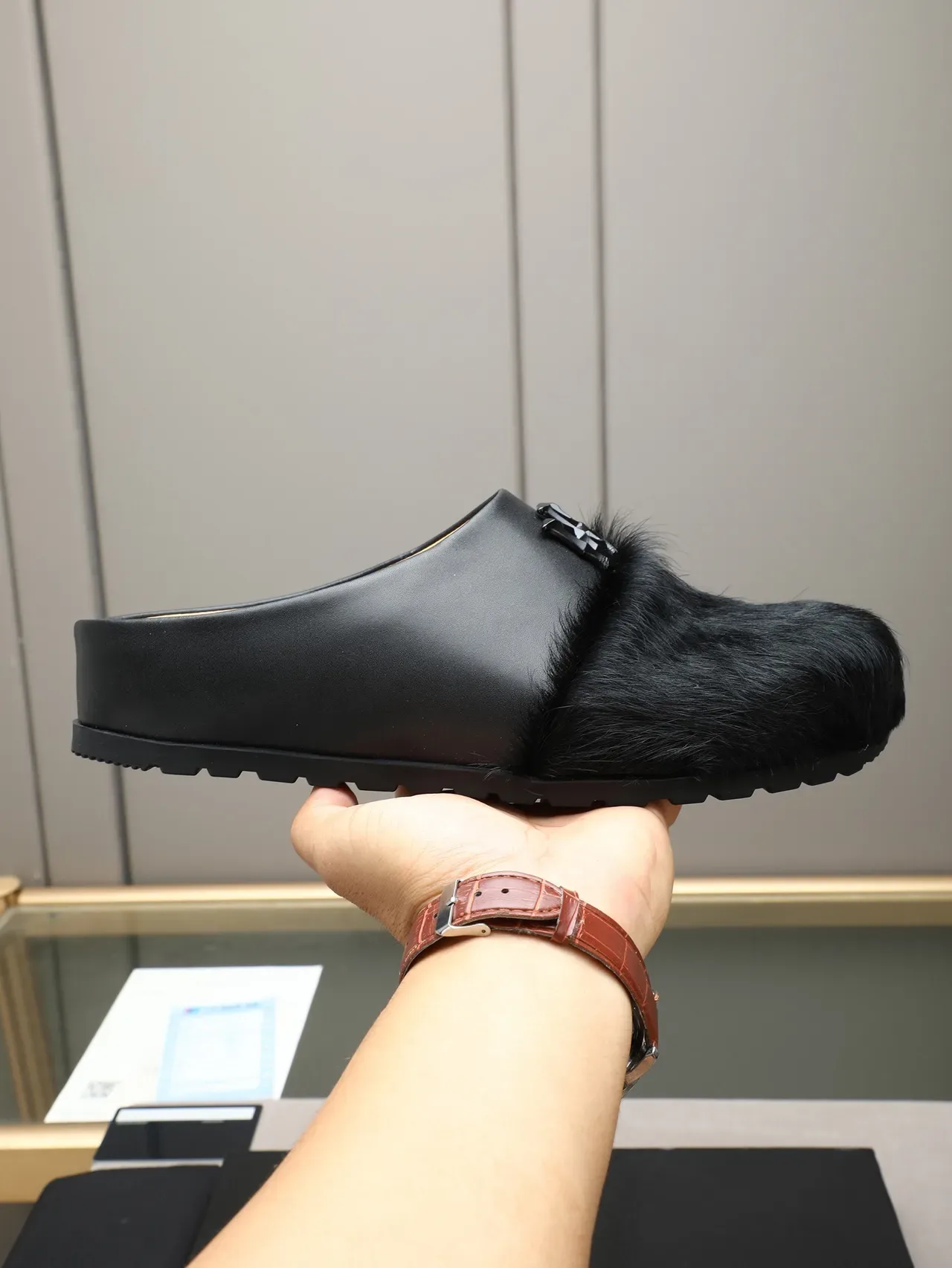 Brown Green Fur-Trimmed Leather Upper Loafer 10