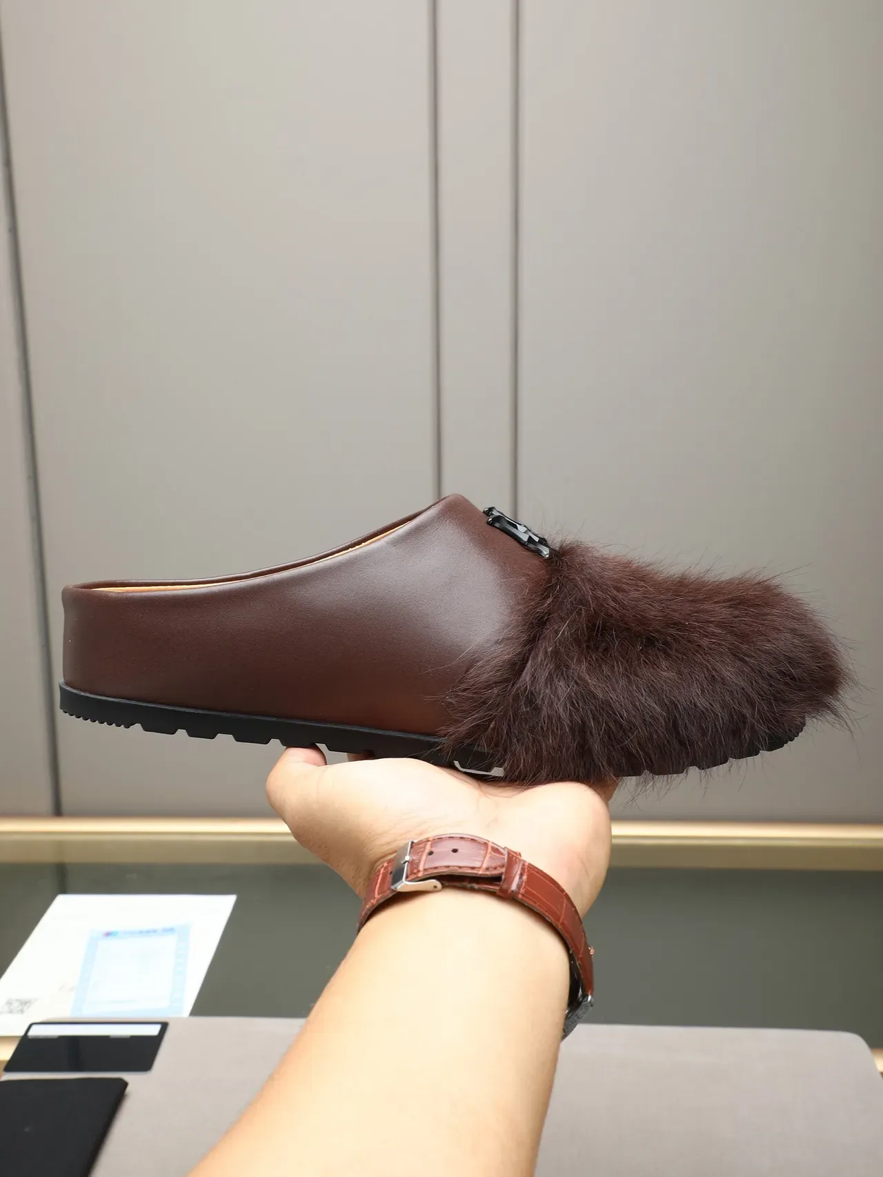 Brown Green Fur-Trimmed Leather Upper Loafer 11