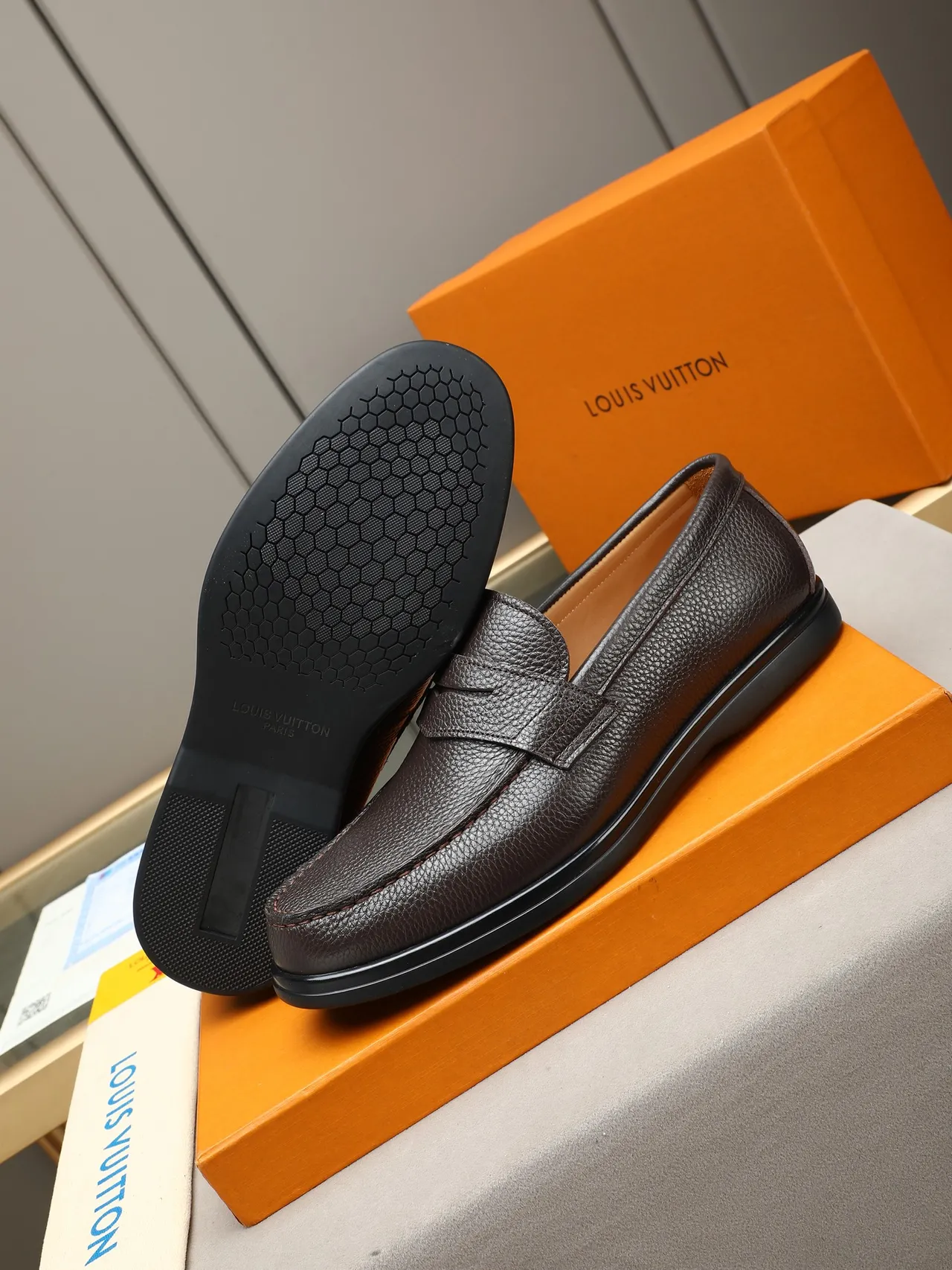 Brown Pebbled Leather Penny Strap Loafer 4