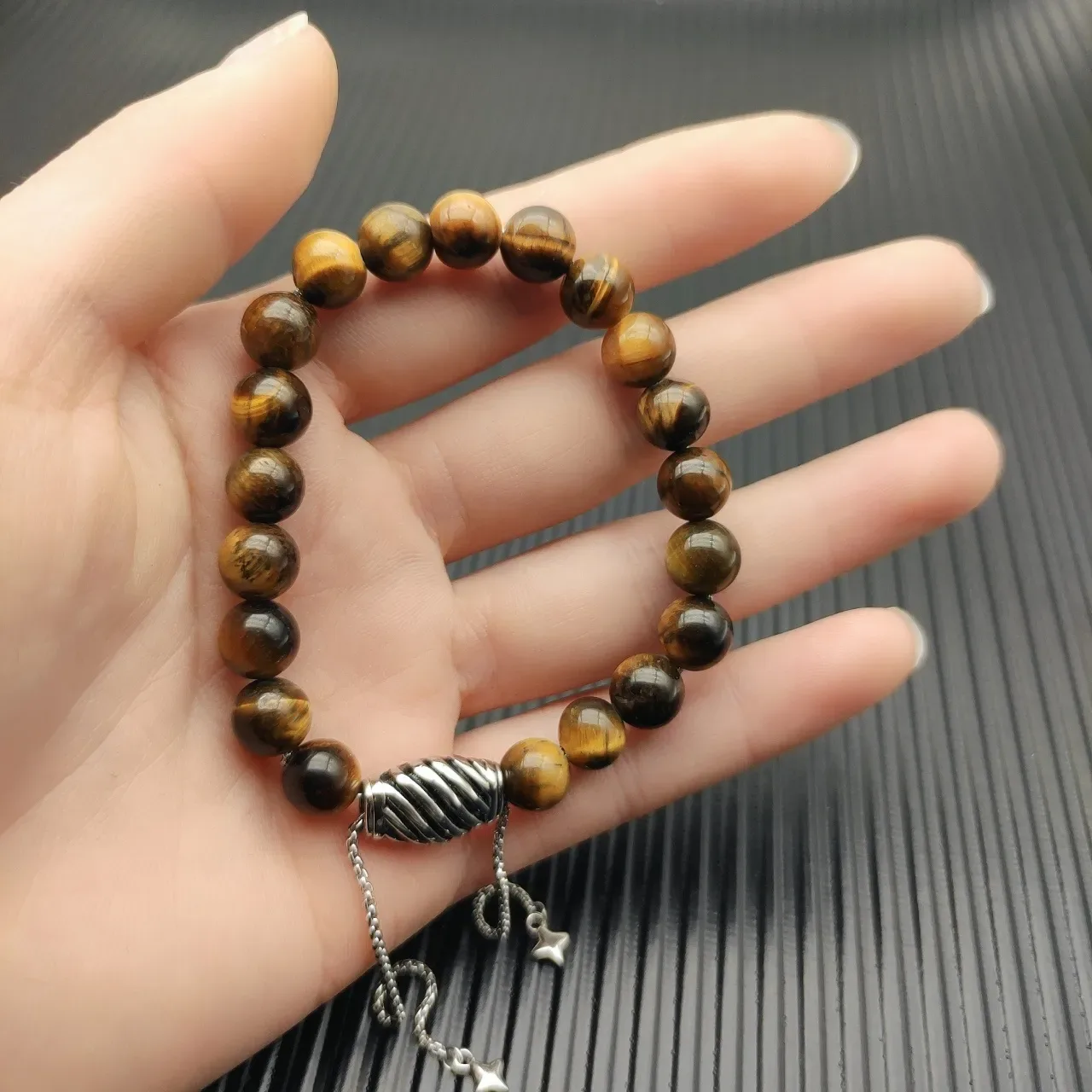 Brown Silver Tiger's Eye Stone Beads Textured Barrel Clasp Bracelet 4