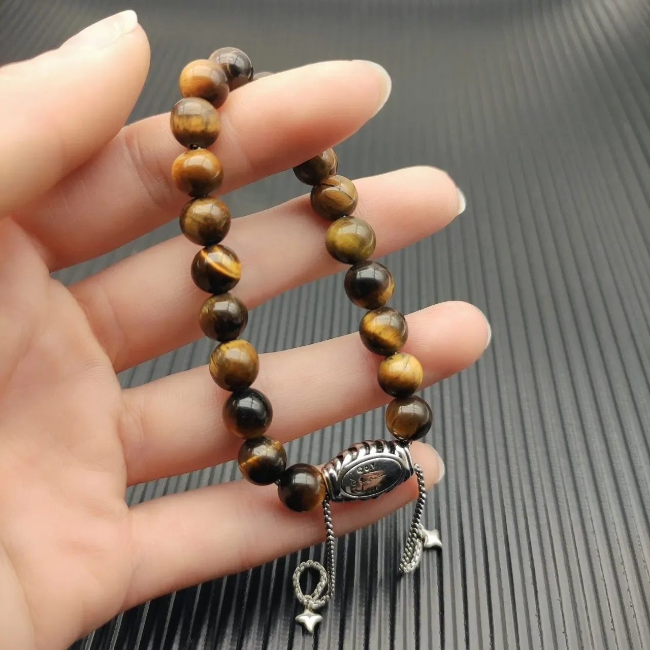 Brown Silver Tiger's Eye Stone Beads Textured Barrel Clasp Bracelet 5