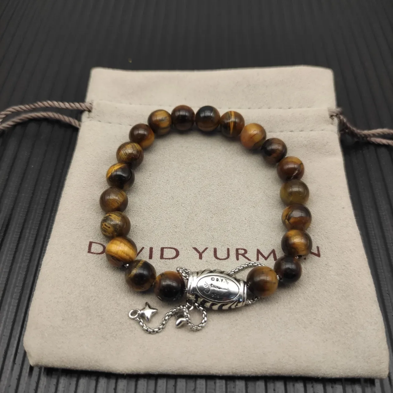 Brown Silver Tiger's Eye Stone Beads Textured Barrel Clasp Bracelet 6