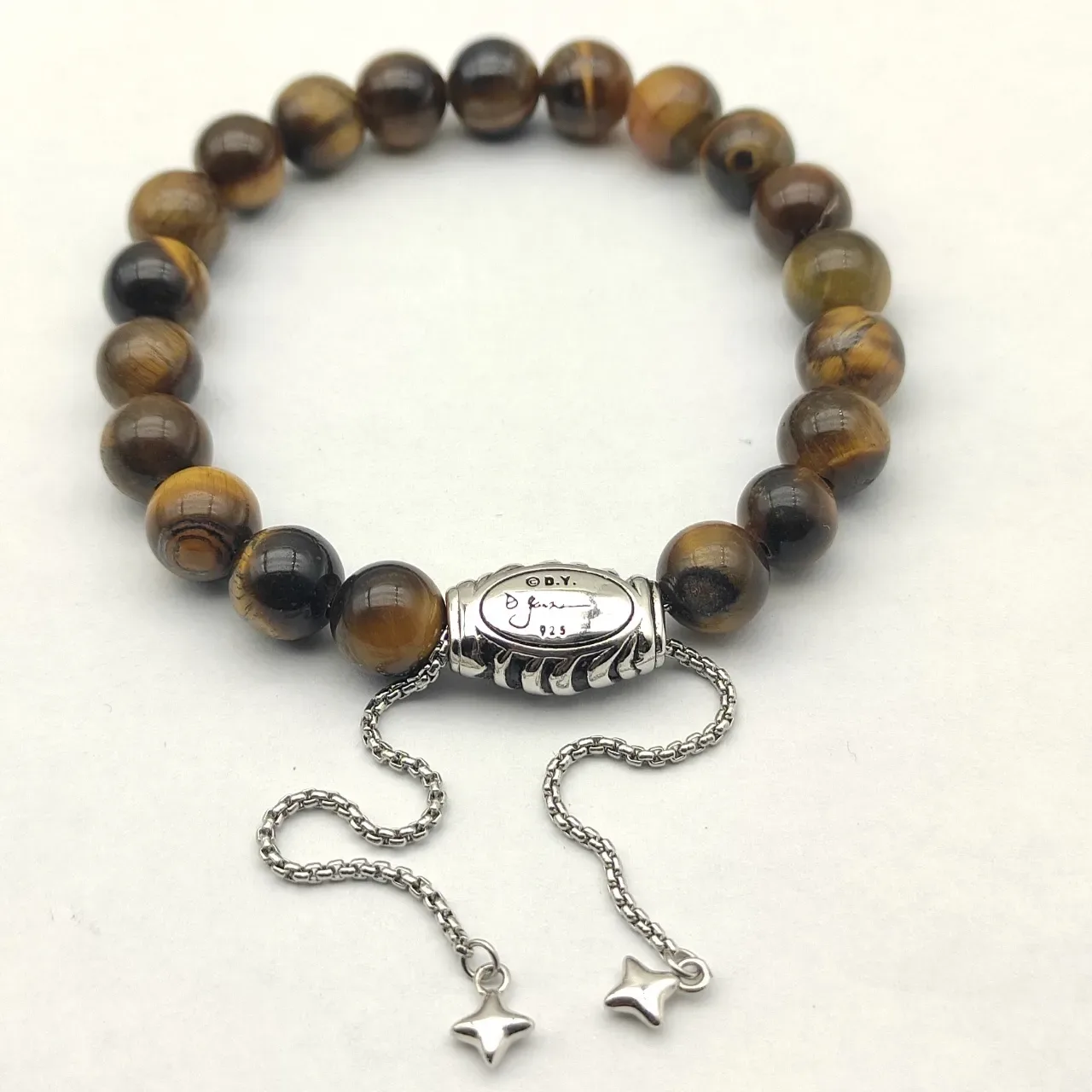 Brown Silver Tiger's Eye Stone Beads Textured Barrel Clasp Bracelet 7