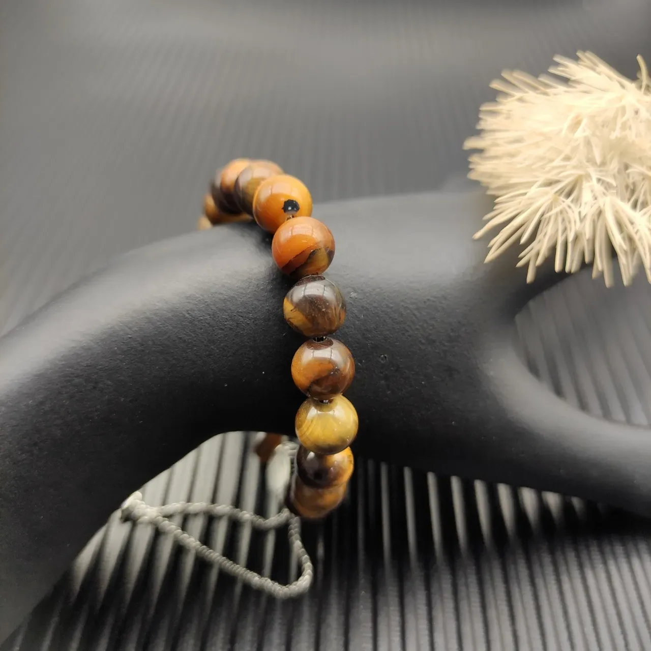 Brown Silver Tiger's Eye Stone Beads Textured Barrel Clasp Bracelet 8