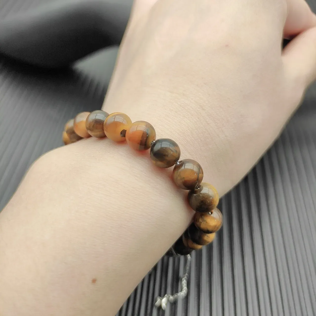 Brown Silver Tiger's Eye Stone Beads Textured Barrel Clasp Bracelet 9