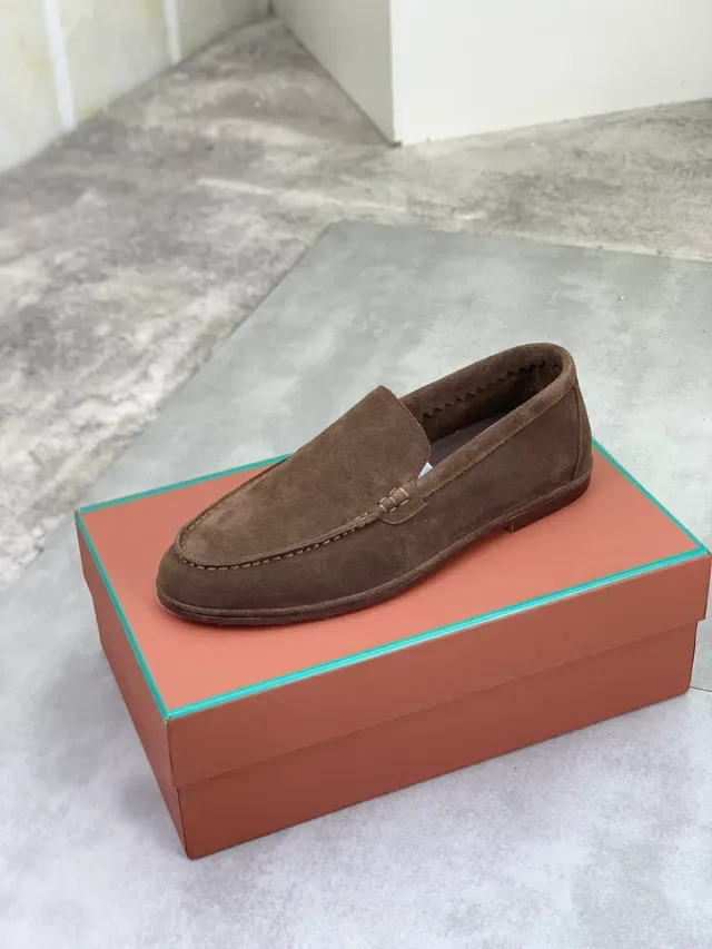 Brown Suede Moc-Toe Contrast-Stitched Slip-On Loafers 4