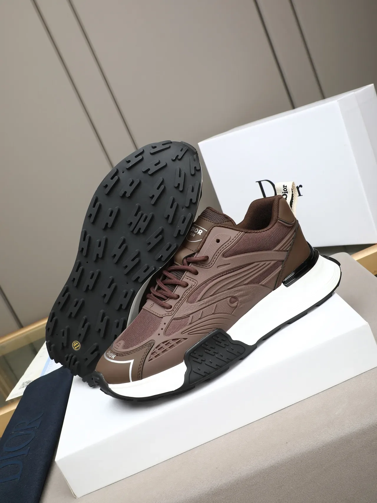 Brown White Chunky Sole Layered Synthetic Overlays Sneakers 4