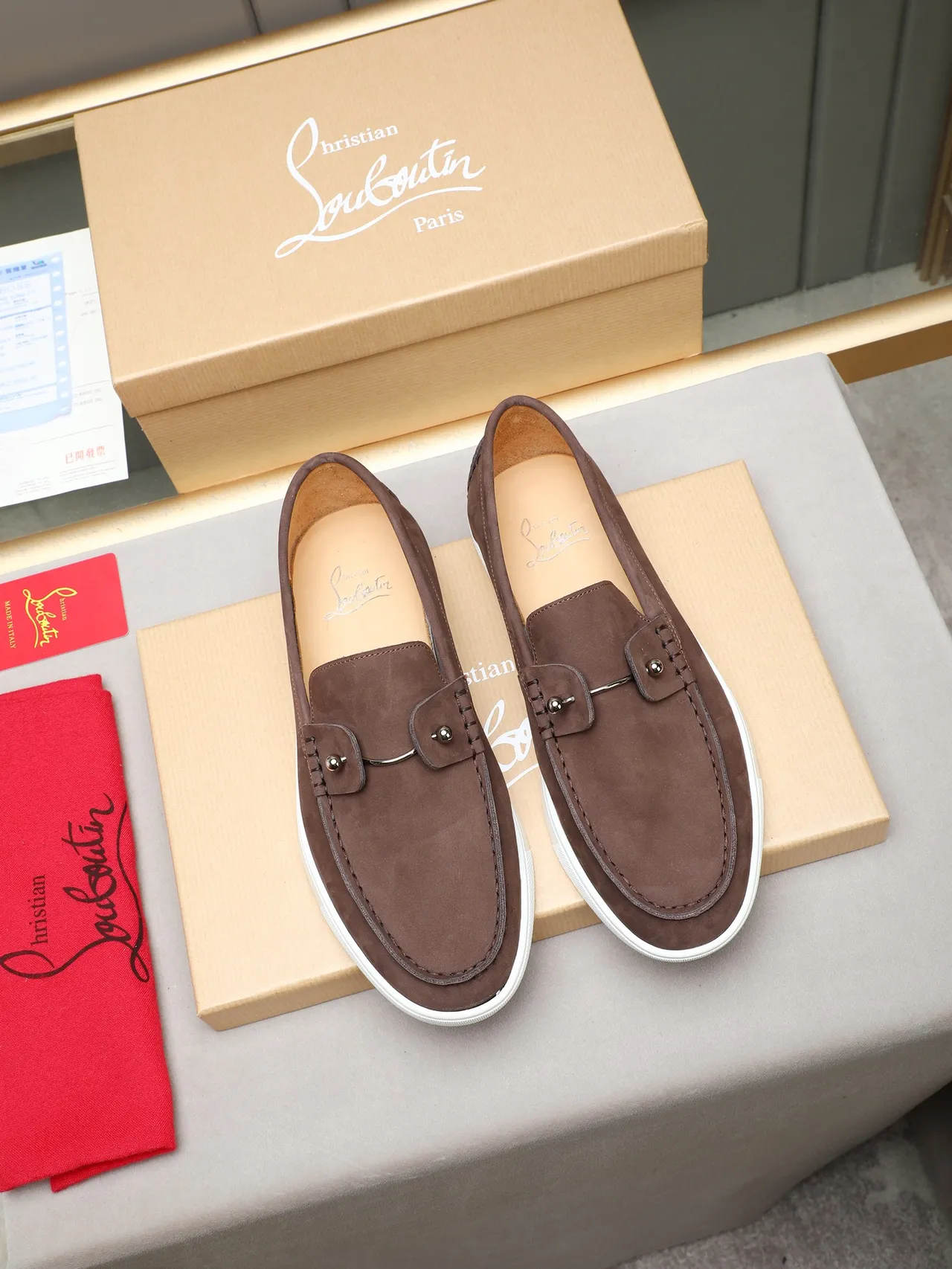 Brown White Suede Upper Metal Stud Accent Loafer 2