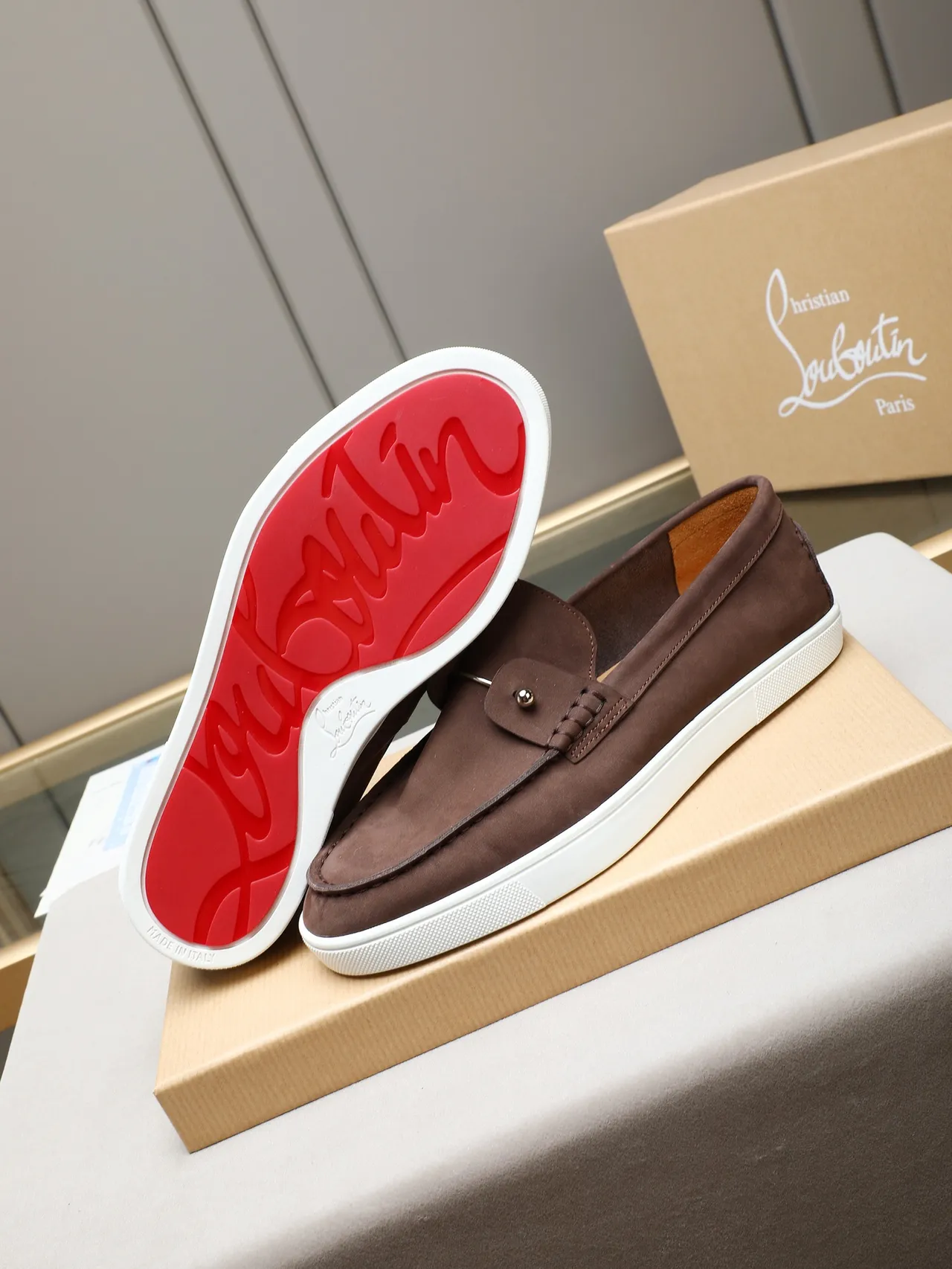 Brown White Suede Upper Metal Stud Accent Loafer 4