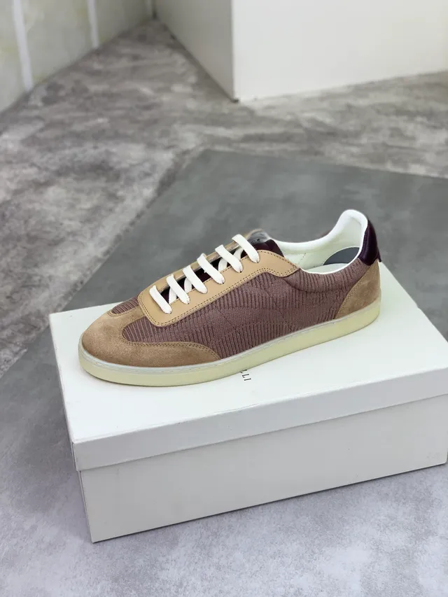 Brunello Cucinelli Brown and Beige Ribbed Knit Suede Lifestyle Sneaker 4