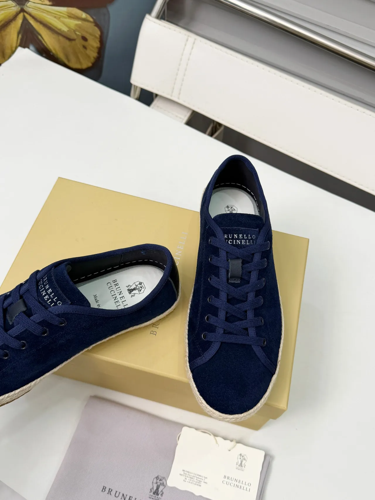 Brunello Cucinelli Navy Beige Suede Upper Espadrille Sole Boat Shoes 4