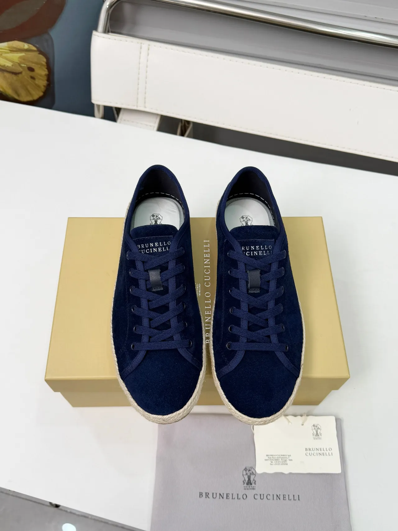 Brunello Cucinelli Navy Beige Suede Upper Espadrille Sole Boat Shoes 6