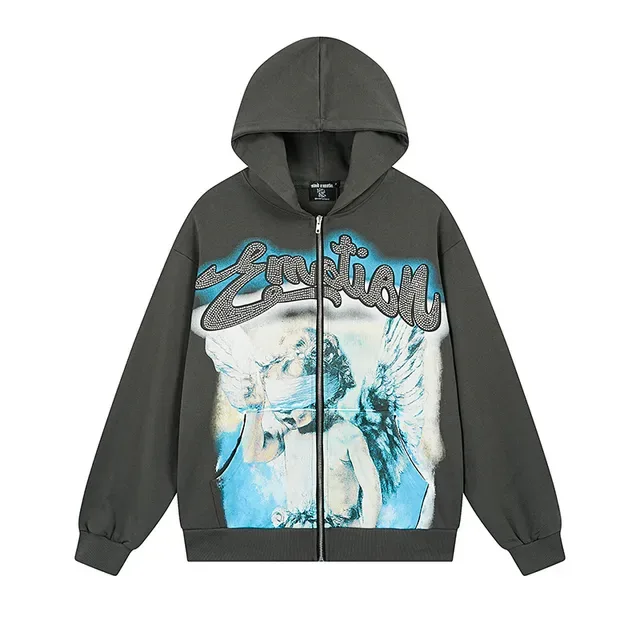 Charcoal Gray Graphic-Print Full-Zip Oversized Hoodie 2