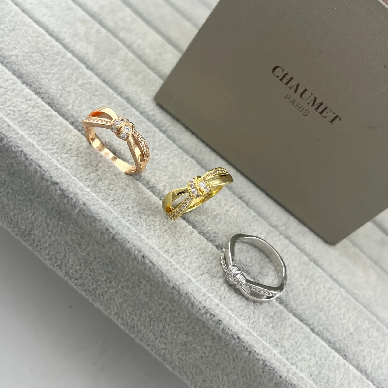 CHAUMET Gold Silver Bow Motif Pavé-Set Diamonds Ring 6