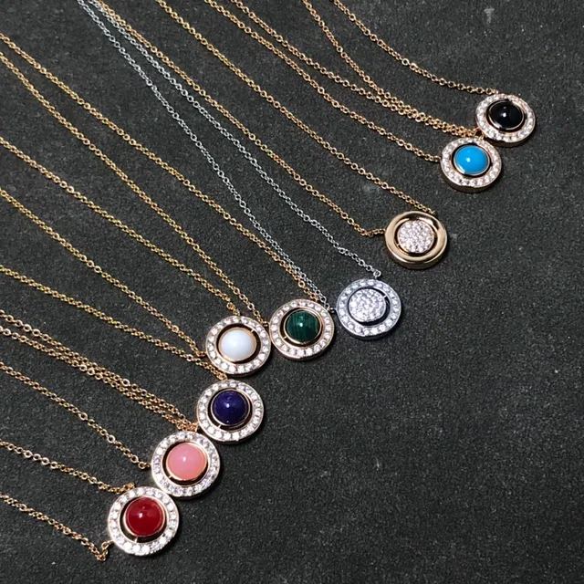 Circular Double-Halo Pavé Gemstone Pendant Necklaces 2