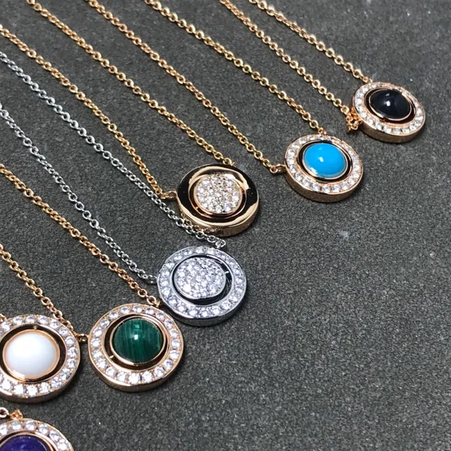 Circular Double-Halo Pavé Gemstone Pendant Necklaces 3