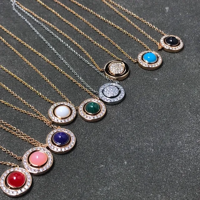 Circular Double-Halo Pavé Gemstone Pendant Necklaces 4