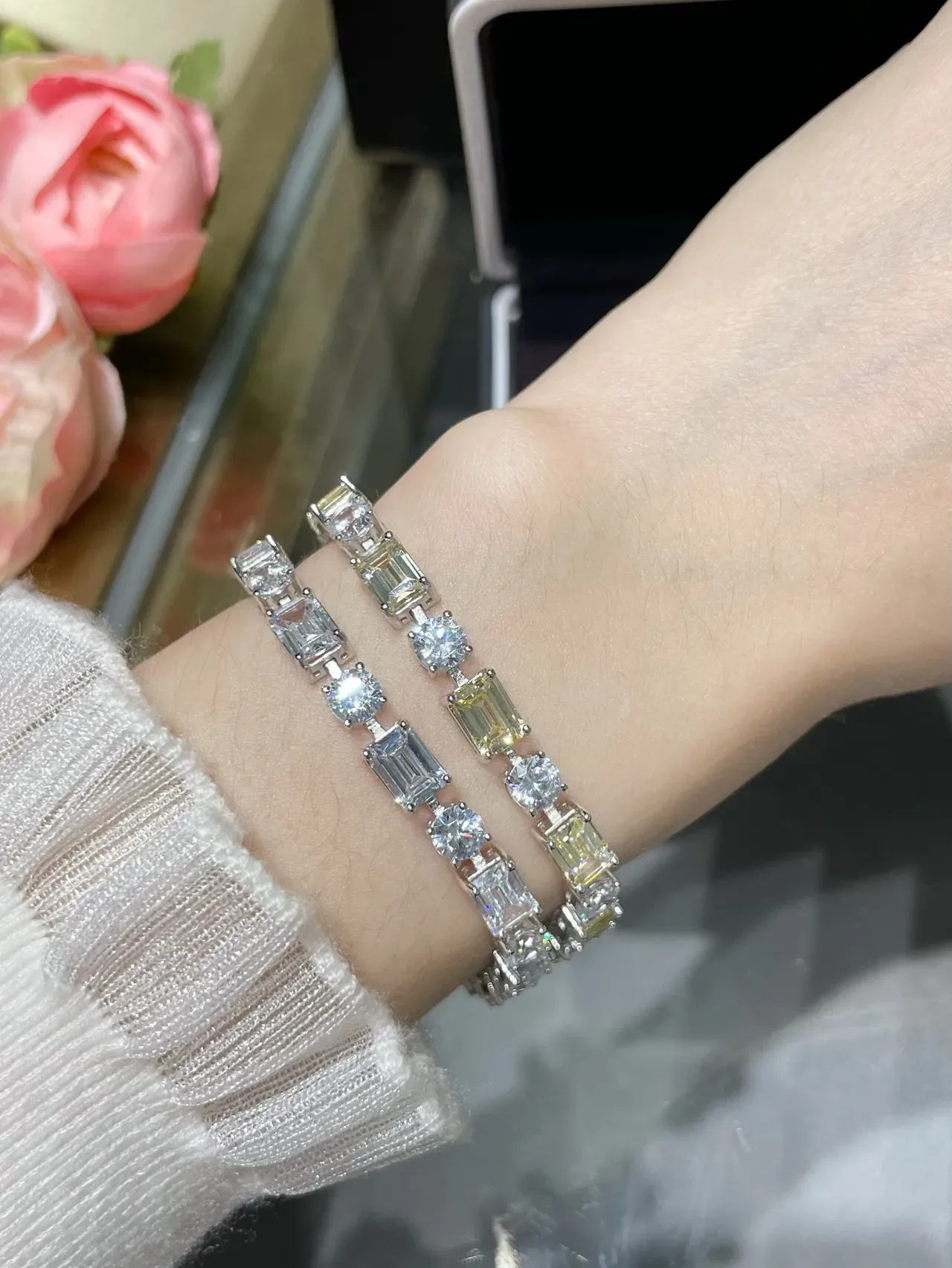 Clear Stone Alternating Emerald-Cut and Round Bracelet 8
