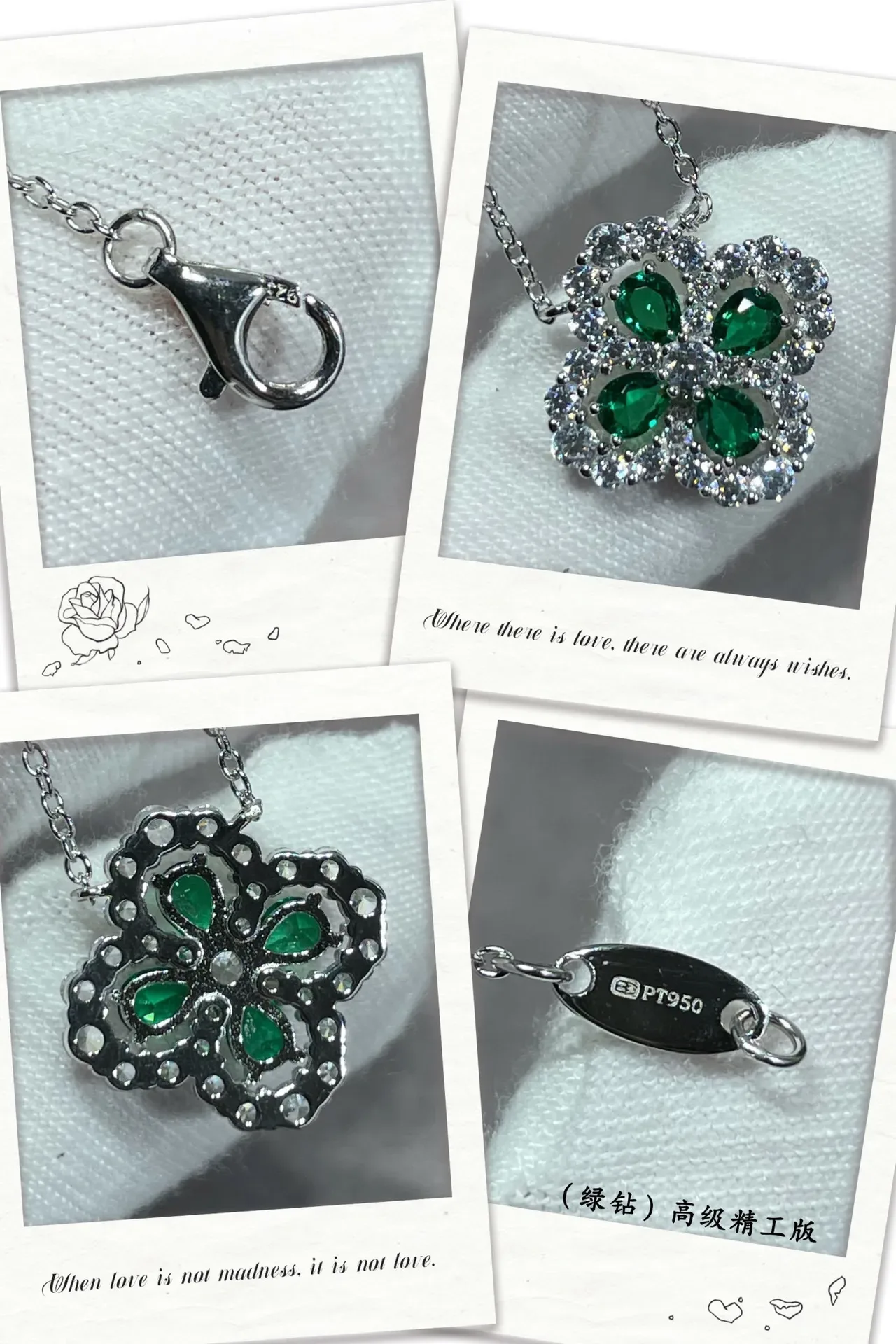 Clover-Shaped Green and Clear Gemstone Pendant Necklace 2