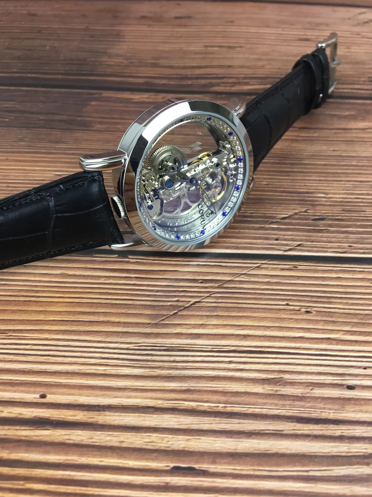 Corum Black Silver Skeletonized Gem-Set Bezel Mechanical Watch 3
