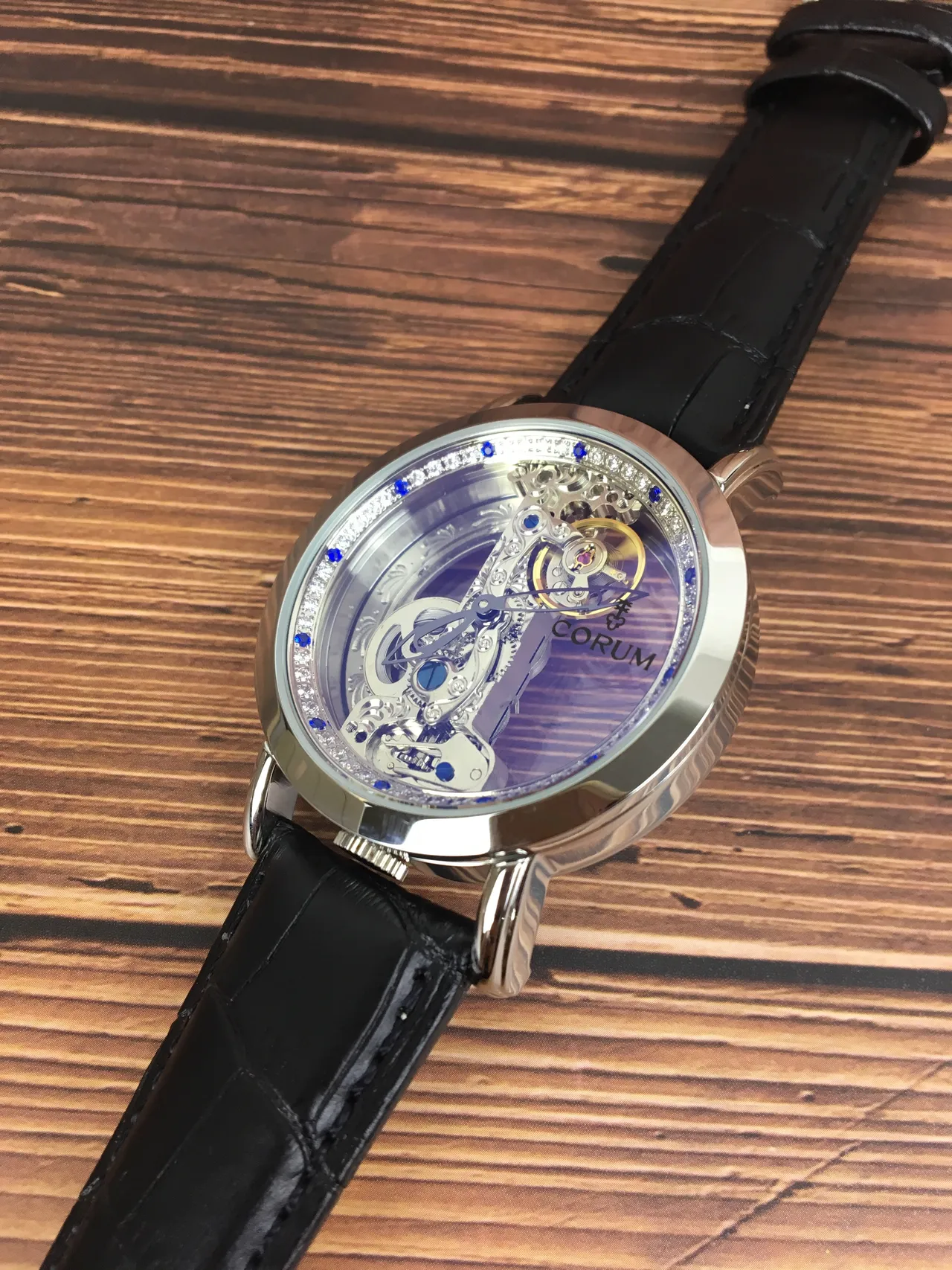 Corum Black Silver Skeletonized Gem-Set Bezel Mechanical Watch 8